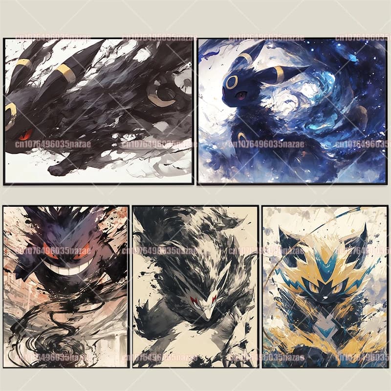 Anime Pokemon Canvas Painting Eevee Gengar Posters and Prints Watercolor Splash Graffiti Wind Wall Art Pictures Home Decor