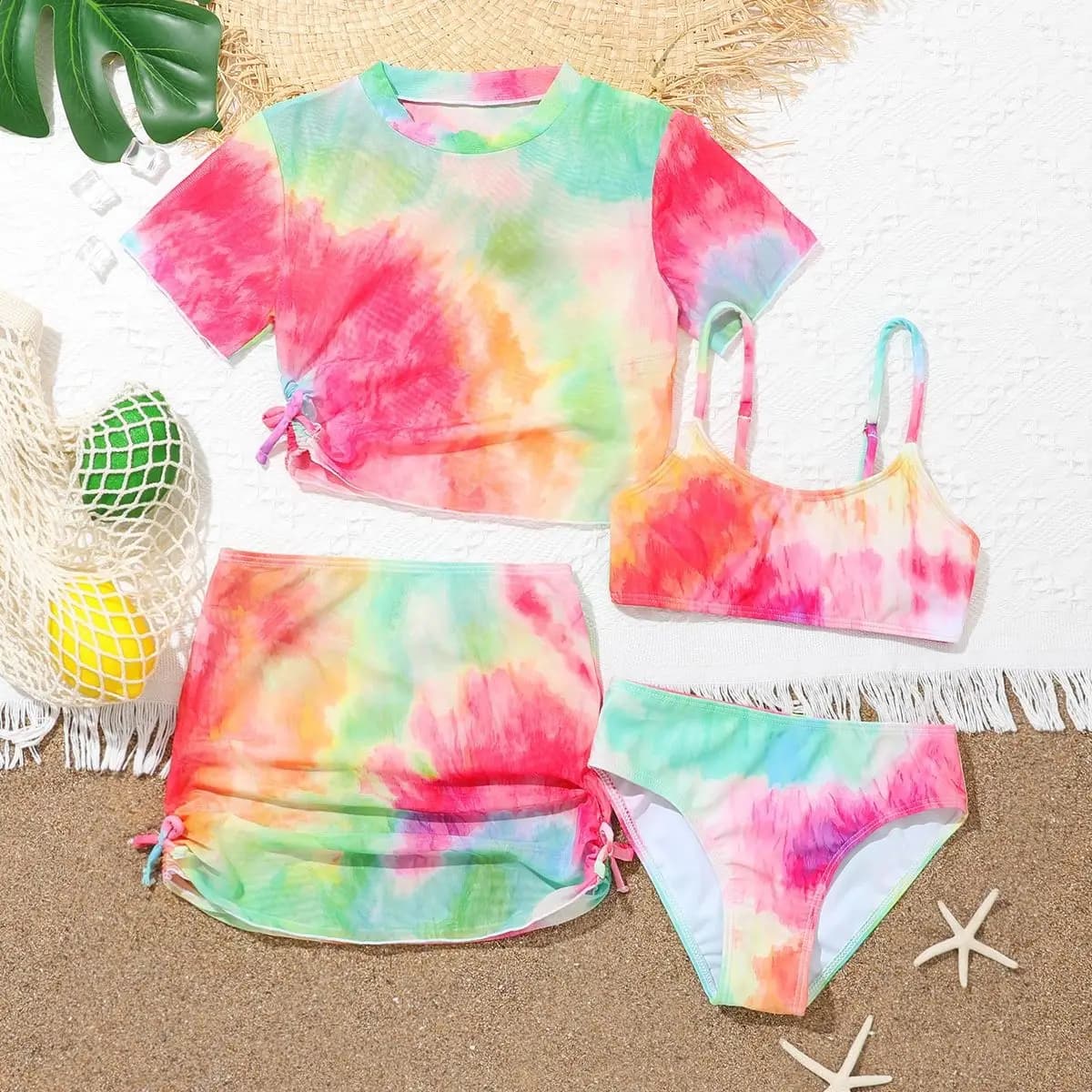 4-piece swimsuit with short sleeve tie-dye print with skirt and drawstring 7-12 years Children's swimsuit Children's swimsuit