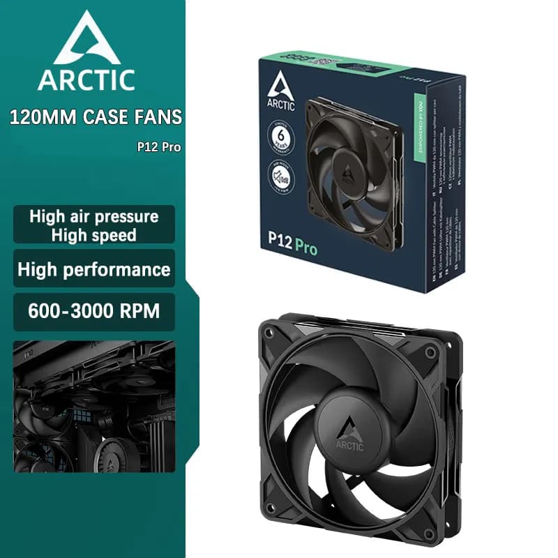 ARCTIC P12 Pro Computer Desktop 12cm High Pressure Case Fan Large Airflow PWM Temperature Control 120mm Replacement Cooler Black