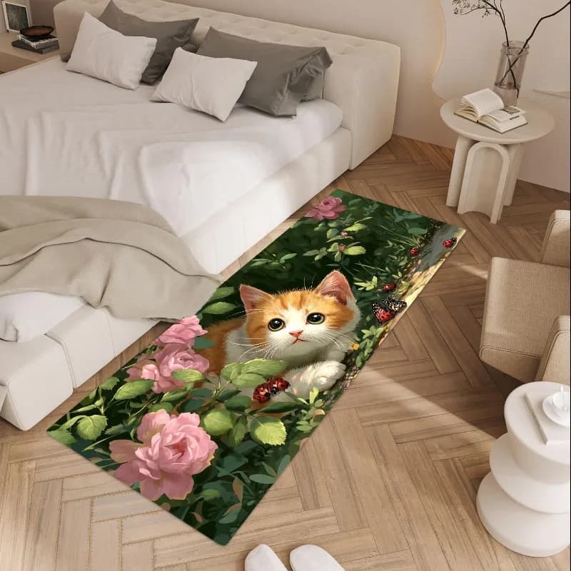 Tappeto stampato con gattino carino Tappeto morbido con fiori rosa e foglie verdi Coccinelle Decorazioni per la casa per la camera da letto Tappetino antiscivolo