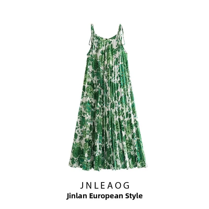 Casual Summer New Women's Dress Versatile Knot Holiday Beach Long Skirt Printed Polyester round Neck Sleeveless Gown for Ladies