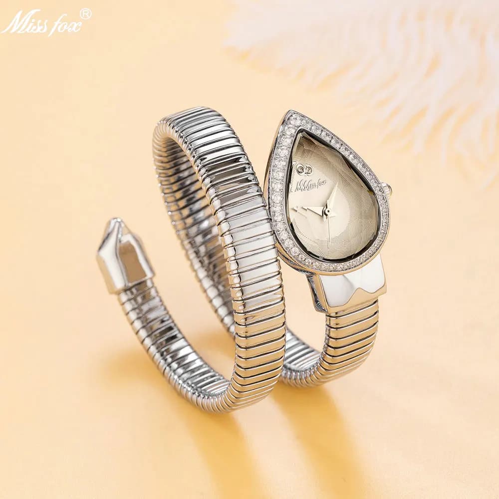 MISSFOX Snake-shaped diamond watch for women Luxury brand White dial Frozen gold watch Analog Quartz watch Movt Unique watch
