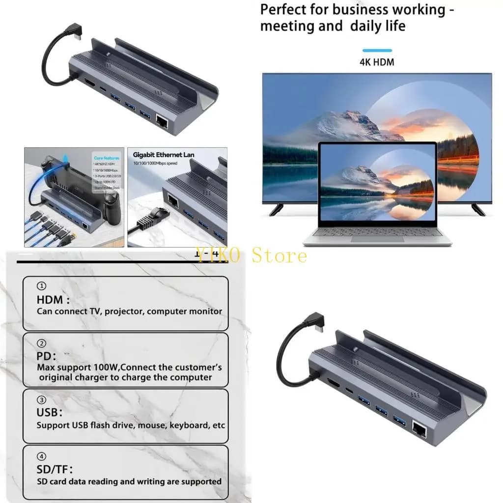 K32C Per Steam Deck Dock 6 in 1 per Steam Deck Docking Station Stand 3xUSB 4K @ 60Hz Gigabit Ethernet 1000Mbps PD 100W