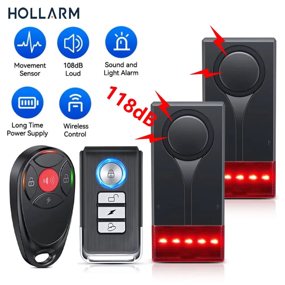 Hollarm 108dB Forte Vibrazione per Auto Suono e Luce Allarme Bicicletta Antifurto Regolazione Allarme Porta Finestra Sensore Auto Finder