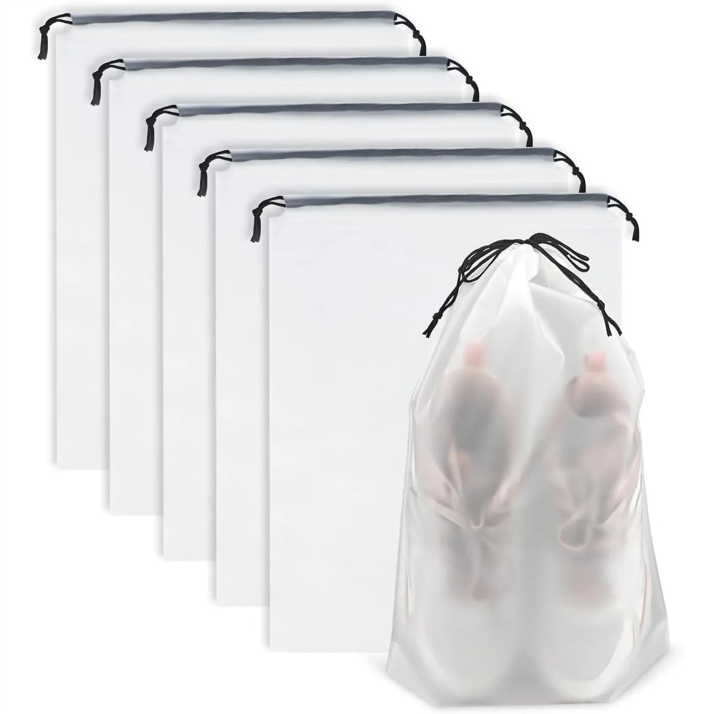 Clear Travel Shoe Bags 5-Pack 15.7x11.8 Inches Drawstring Organizers for Packing Sneakers and Boots