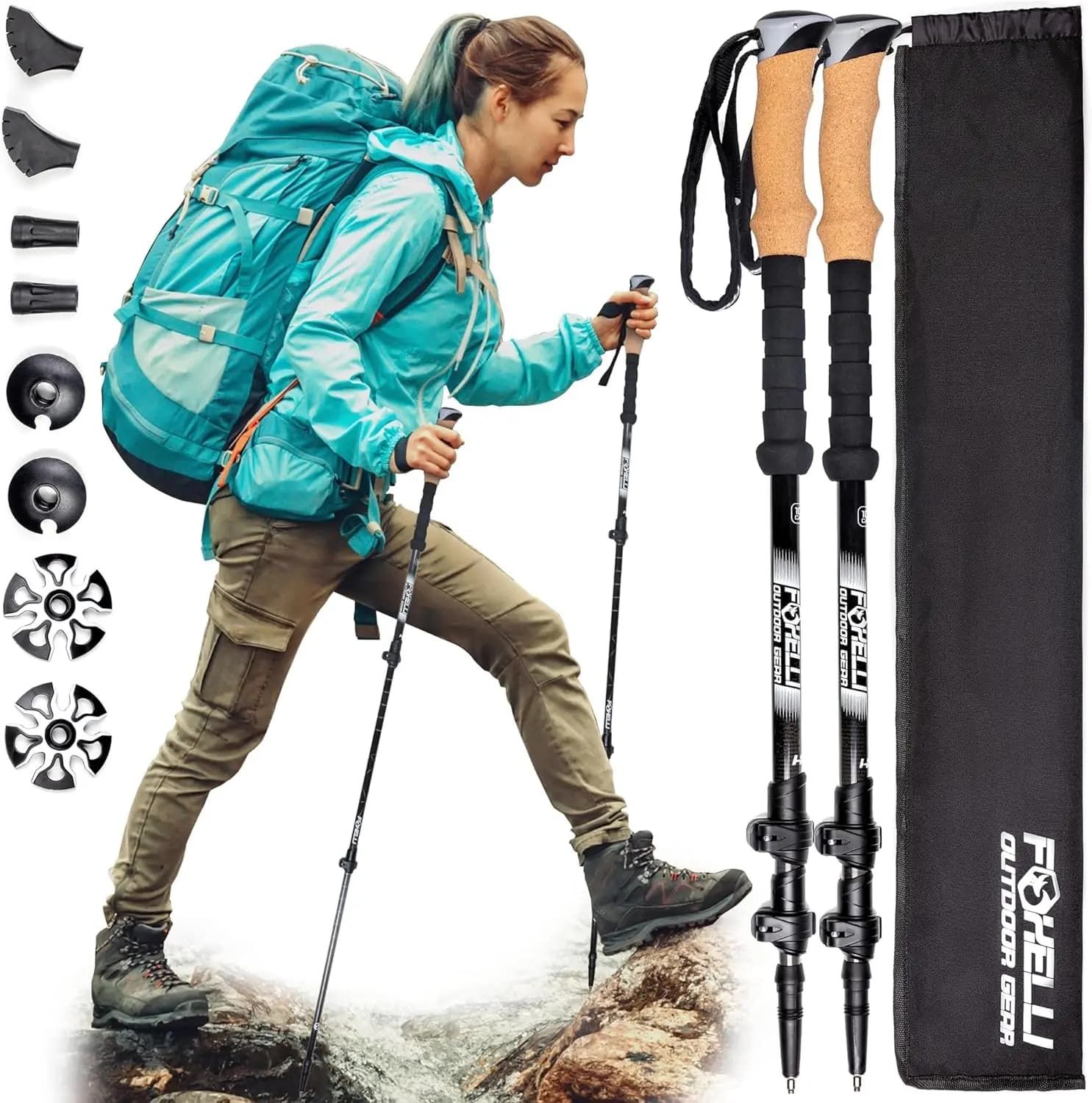 Carbon fiber trekking poles: lightweight, foldable with cork grips, lever locks, accessories for all terrain