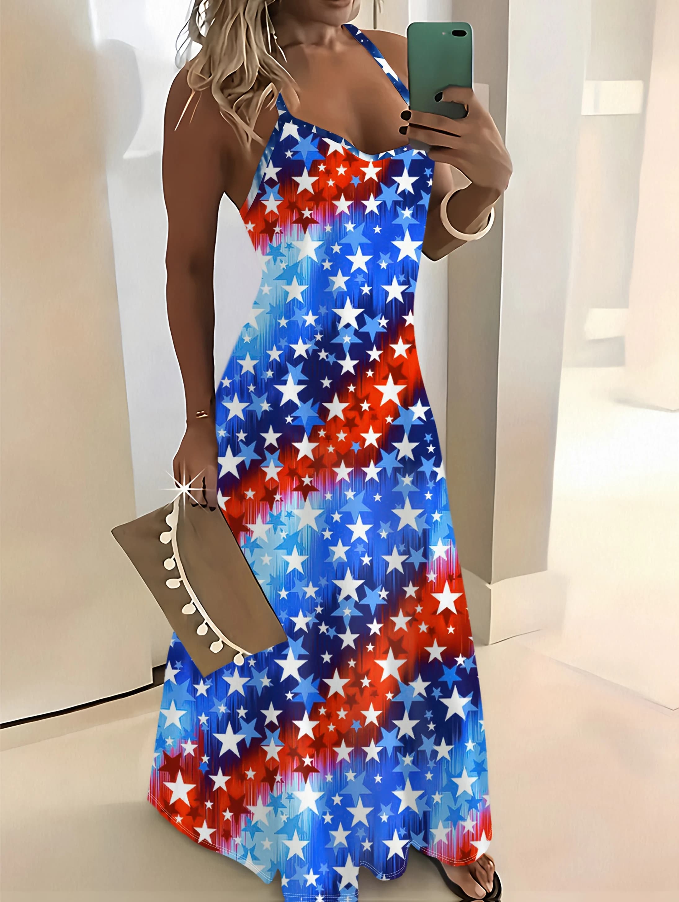 Abito estivo rosso bianco blu con stelle e strisce, senza maniche, casual, mini, da spiaggia, leggero e fluido