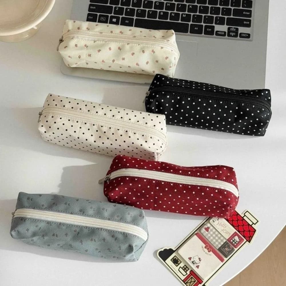 New Polka Dot Stationery Pouch Large Capacity Canvas Pen Pouch Red Black Beige Zipper Closure Pencil Case School Use