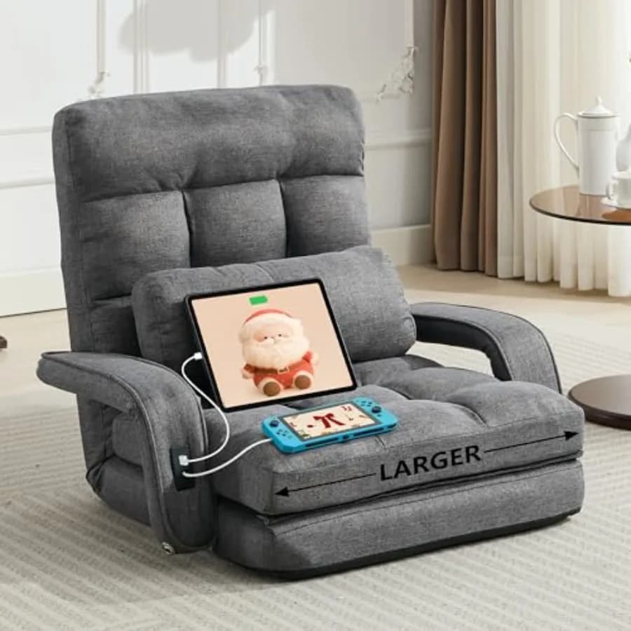 Comfy Floor Chair with Adjustable Backrest for Gaming and Living Room Use, Polyester Fabric in Gray, Ergonomic Support and 360