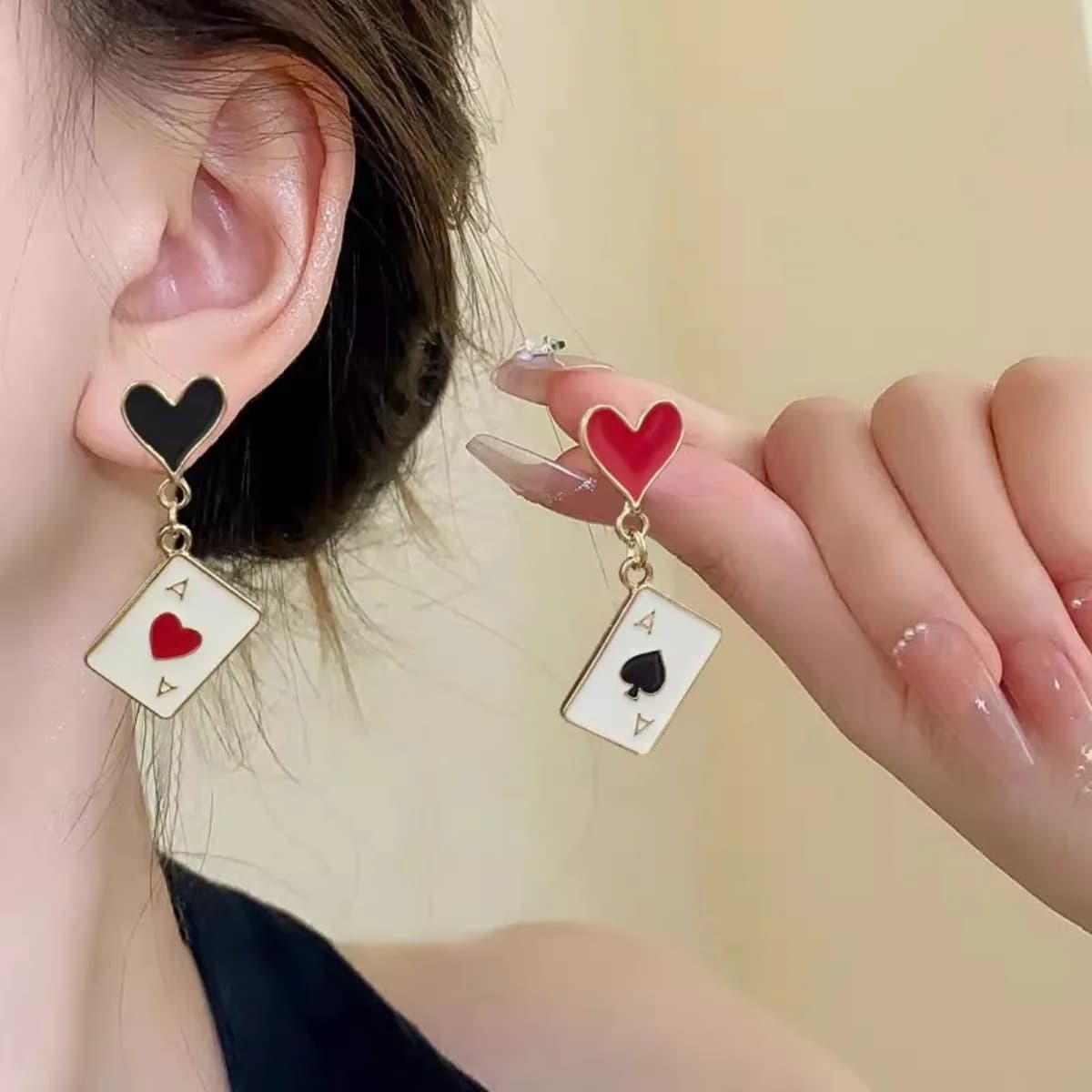 Playing Card Ace of Hearts Spades Drop Earrings Asymmetric Heart Enamel Fashion Jewelry