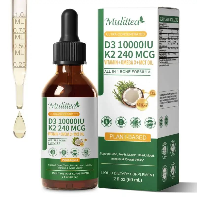 Mulittea Vitamin Drops K2+D3 60ml with Vitamin E and Omega 3 Food Supplements for Muscle Recovery and Nutritive Absorption
