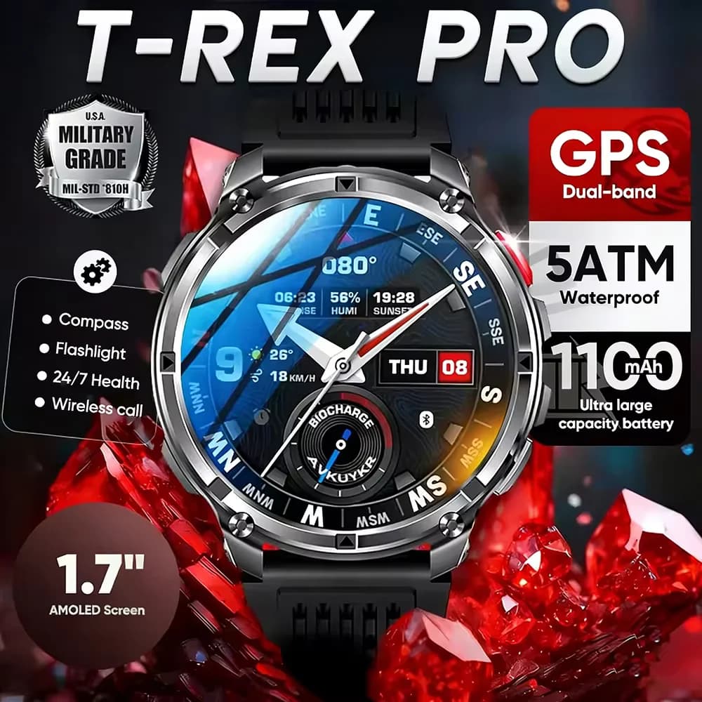 Nuovo Smartwatch T-Rex3 Pro 2026 con Batteria da 1100mAh, GPS, Impermeabile 10ATM, Tracker Sportivo, Bussola per Attività all'Aperto, Orologio Intelligente Militare