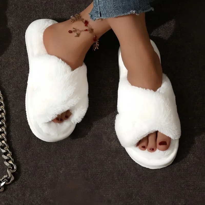 Pantofole in pelliccia con cinturino incrociato alla moda da donna Pantofole da casa in peluche calde e leggere per interni Donna Scivoli da coppia con tacco piatto in pelliccia sintetica Taglie forti 43