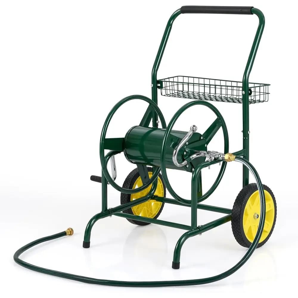 Carrello Portatile in Metallo Resistente per Tubo da Giardino con 2 Ruote, Cesto Portaoggetti, Ideale per Giardino e Piante (Verde)