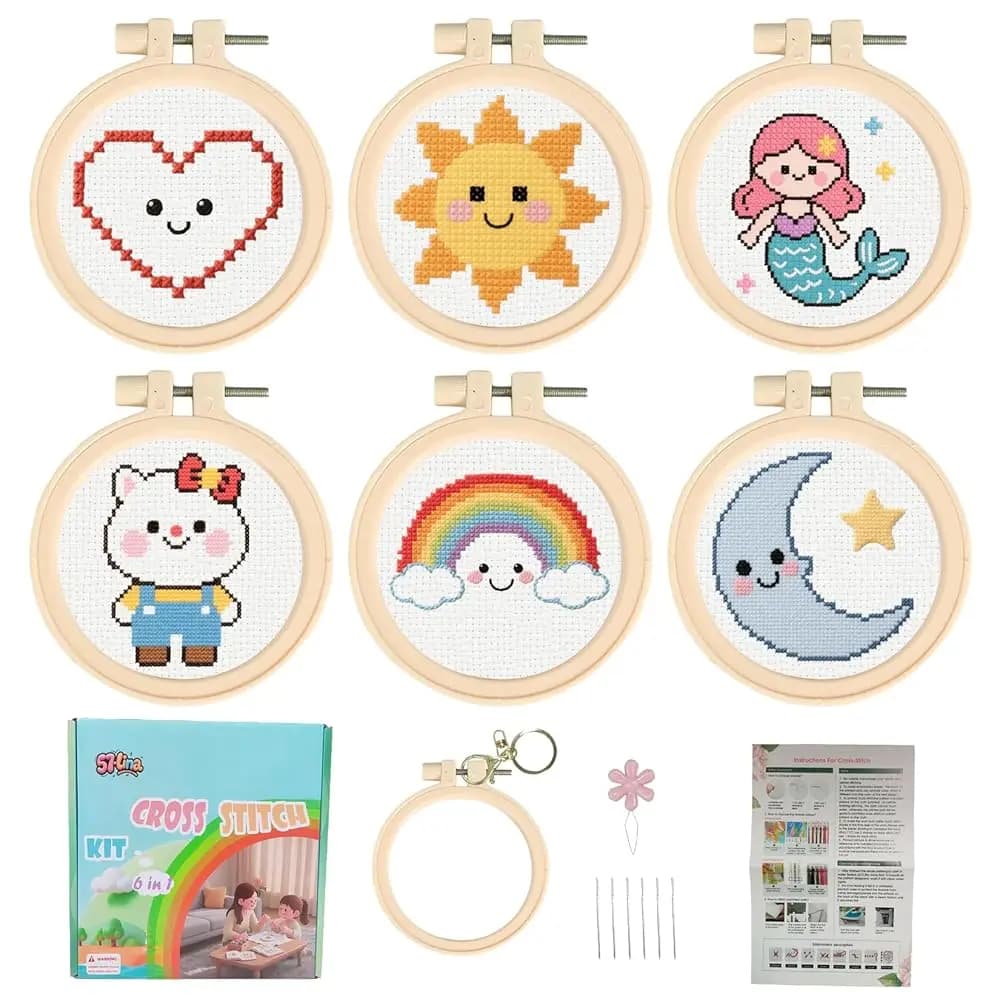 Kit per Punto Croce per Bambini - Set da 6 Kit di Ricamo Facili per Principianti, Kit Fai-da-Te con Disegni Stampati Pre-Stampati