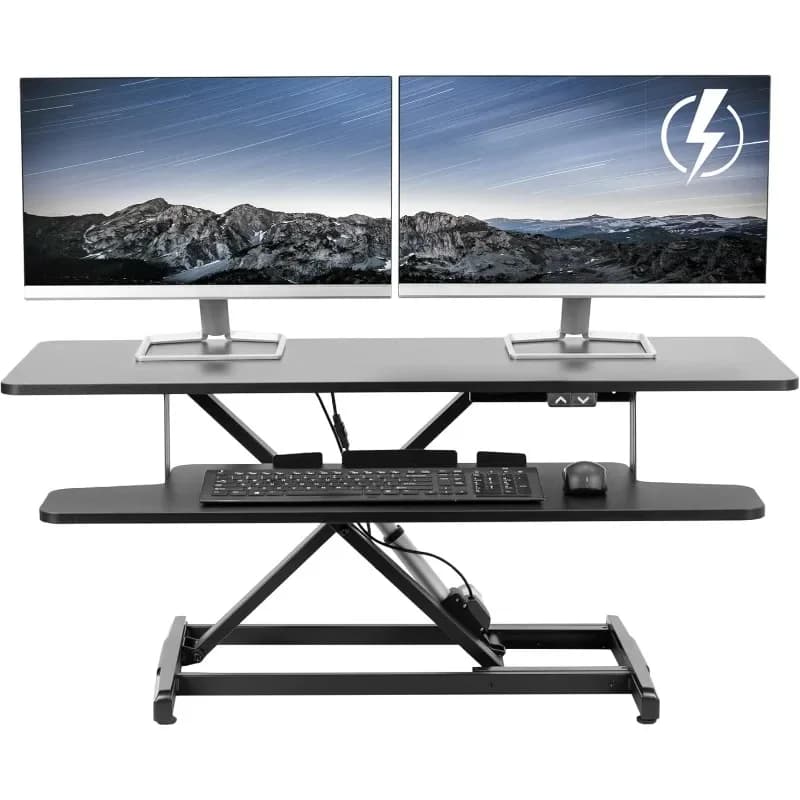 Convertitore per Scrivania con Motore Elettrico, Altezza Regolabile, Postazione di Lavoro per Monitor Doppio e Laptop con Ampio Vassoio per Tastiera