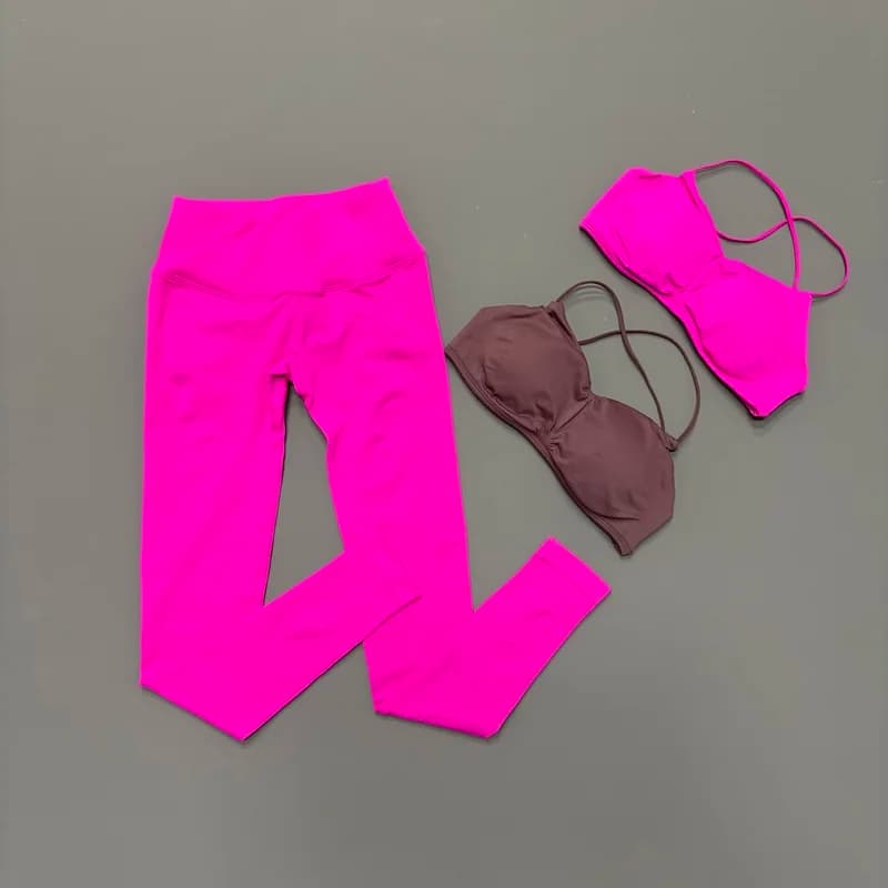 Set Fitness HISTELLO 2 Pezzi: Reggiseno Seamless con Spalline Incrociate e Leggings a Vita Bassa Arricciati, Asciugatura Rapida per Palestra e Allenamento Sportivo