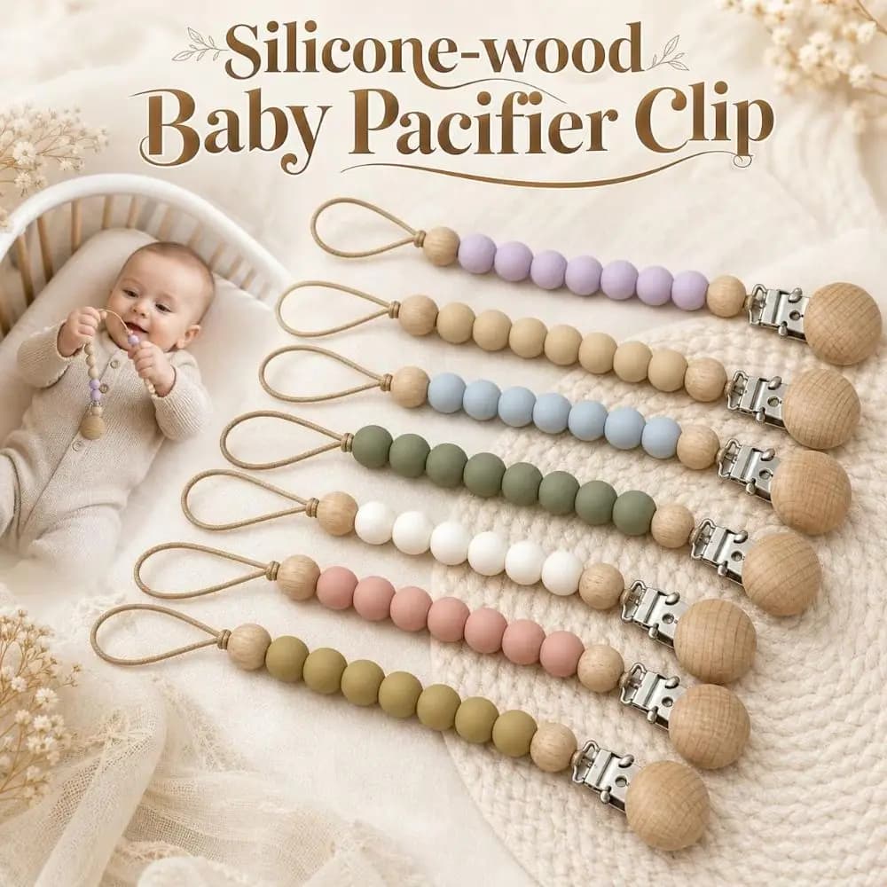 Silicone Wood Pacifier Clip Food Grade Teething-Safe Baby Teething Chain Smooth Lightweight Soother Holder StrollerMinimalist