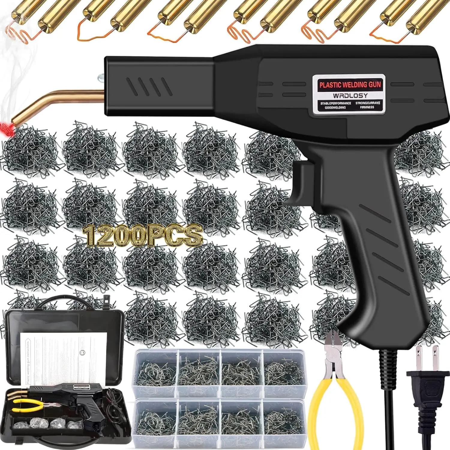 Kit per Saldatura Plastica con 1200 Graffette, Graffettatrice a Caldo da 100W per Riparazione Paraurti, Accensione/Spegnimento Istantaneo, Cassetta degli Attrezzi Portatile per Appassionati del Fai-da-Te