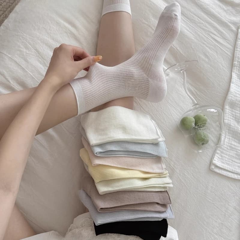 Summer Socks Women 76% Lyocell Silk Thin Breathable Solid Color Long Socks Korean Style Casual Streetwear Middle Tube Socks Sox