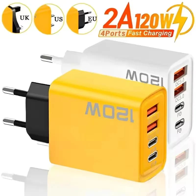 Caricatore USB C a ricarica rapida da 120 W Adattatore per telefono con caricatore a ricarica rapida a 4 porte per iPhone Samsung Xiaomi Pocof7 Caricatore da muro da viaggio