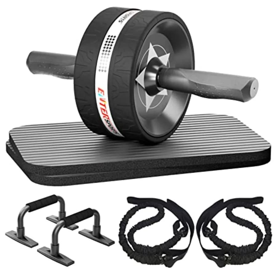 Wheel Kit for Abdominals with Spins Bars, Resistance Bands and Knee Mats, Fitness Equipment for Home in Black