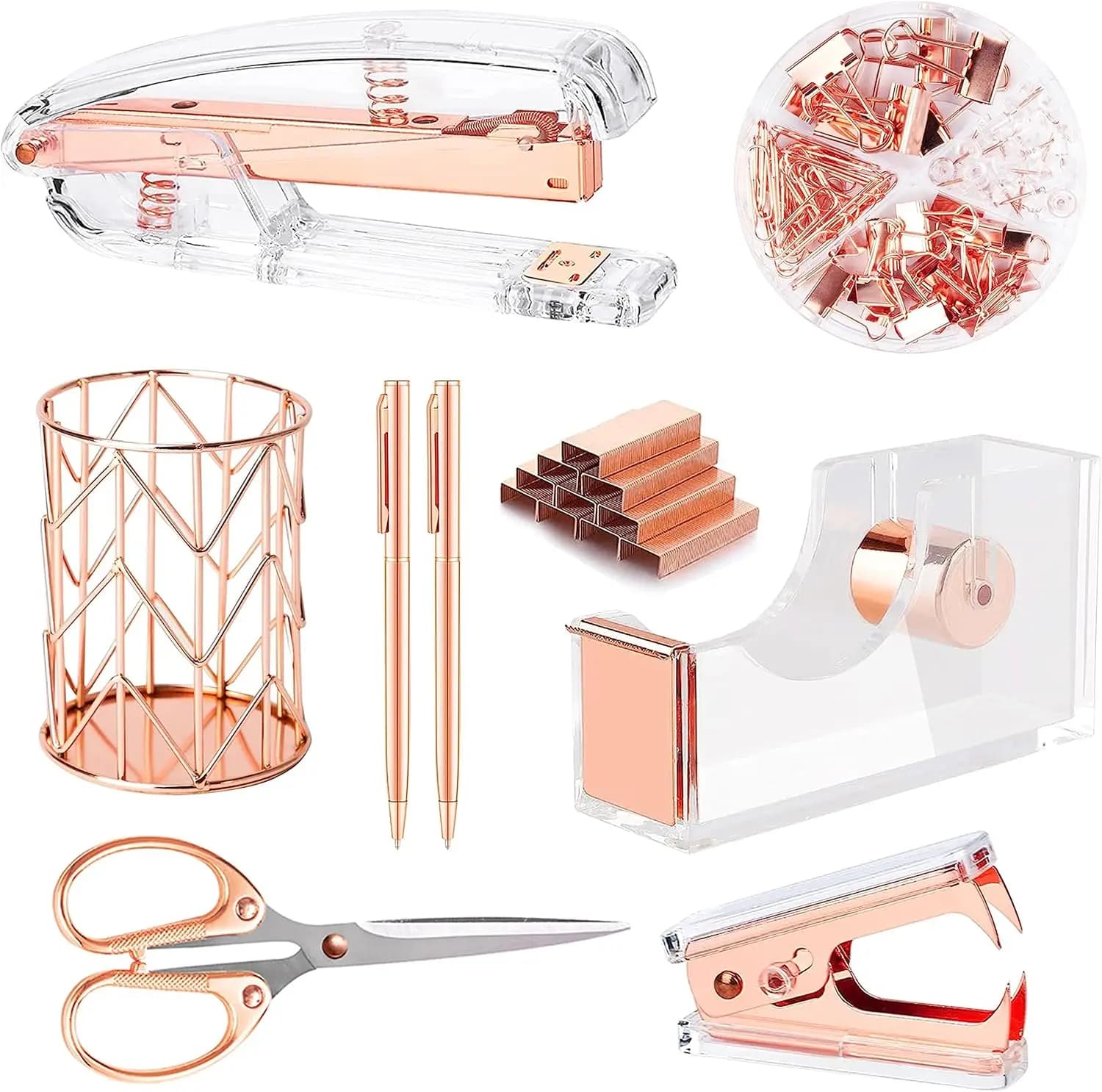 Set di Accessori da Scrivania in Oro Rosa, Graffettatrice in Acrilico con Smagliacancelleria, Porta Nastro Adesivo, Penne, Forbici, Fermagli e 1000 Graffette