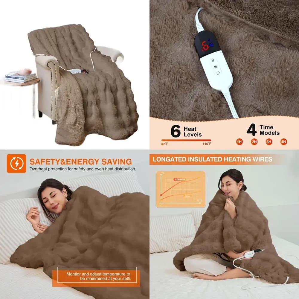 Accogliente coperta elettrica in finta pelliccia di coniglio 50x60 con 6 impostazioni di calore, spegnimento automatico 4 ore, protezione dal surriscaldamento, certificata ETL - Marrone