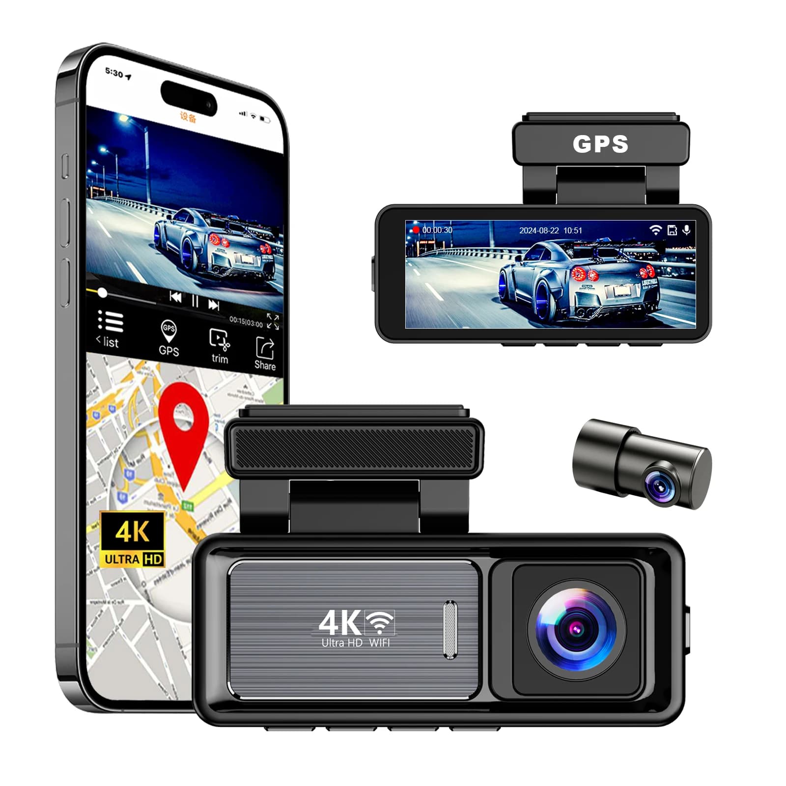 Vendite calde Car Black Box CAR DVR Wifi Gps Dashcam 4k Anteriore e Posteriore Doppia Lente Dash Camera HD Visione Notturna Doppia Lente 4k Dash Cam