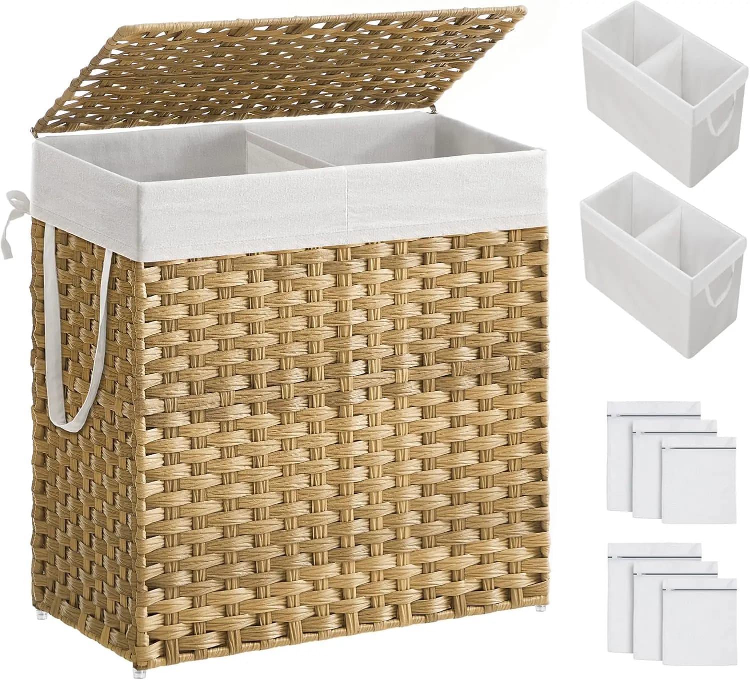 110L Basket with Cover, 2 Removable Sheets and 6 Bags on the Net, Vimini Basket for Bath Organization