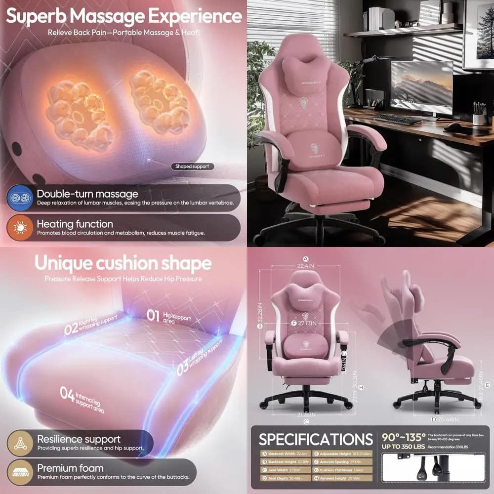 Sedia da Gaming Ergonomica Rosa per Persone Alte e Robuste con Massaggio Riscaldato, Supporto Lombare e Cuscini a Molle Insacchettate, Supporta fino a 350 kg