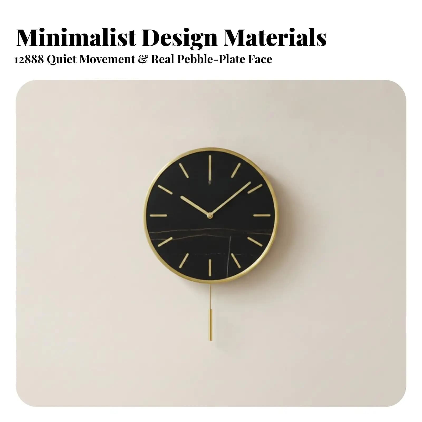 Minimalist Round Wall Clock with Pendulum for Home Office Decor Sintered Stone Gold Tone Silent Timepiece