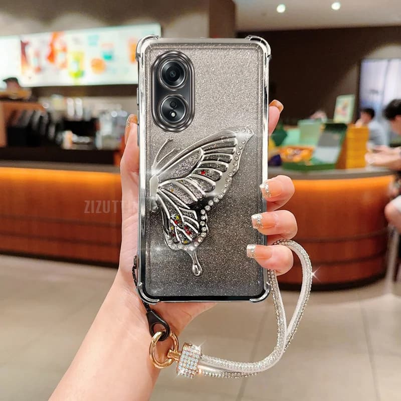Custodia con cinturino e glitter a forma di farfalla per Oppo A38 A36 A76 A58 A57 A74 A78 A5 A7 A79 A95 A60 A18 A53 A17 A16 4G 5G