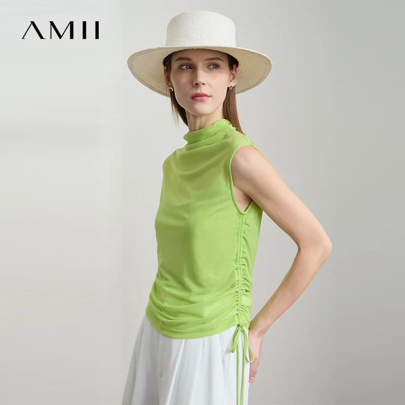 AMII Estate Nuove T-shirt da donna 2025 Solido dolcevita senza maniche Top Donna Moda Office Lady Slim Abbigliamento femminile 12522071