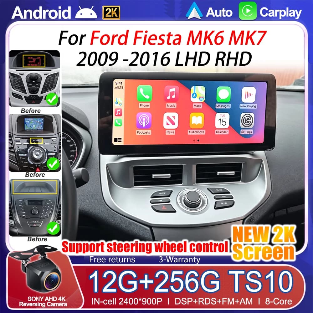 Autoradio da 12.3 pollici per Ford Fiesta MK6 MK7 2009 2010 2011 2012 2013 2014-2016 LHD RHD, lettore video GPS wireless Carplay QLED 5G