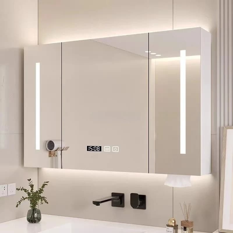 Semplice armadietto con specchio da bagno intelligente, armadietto per lampada da bagno in legno massello a parete, scaffale per specchio per trucco