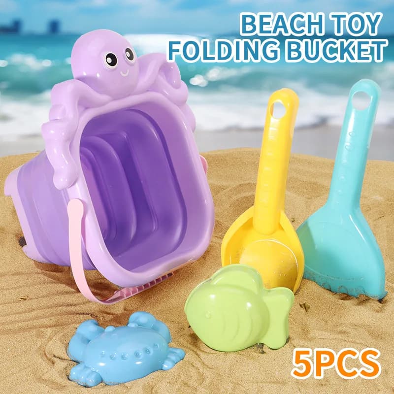 Set di Giocattoli da Spiaggia per Bambini, Giochi per Sabbia con Secchio Pieghevole, Paletta, Rastrello e Stampi per Sabbia, per l'Estate e l'Esterno