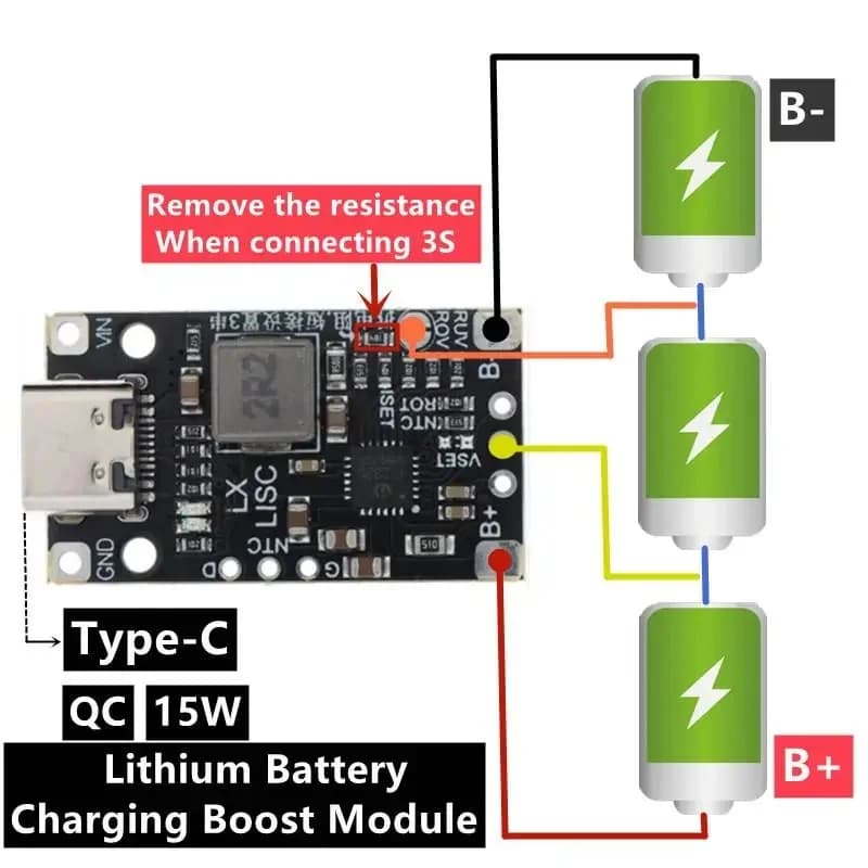 Lithium battery charging module with boosted support, quick charging with indicator, 2S, 3S, BMS type C, 15 W, 8,4 V, 12,6 V,
