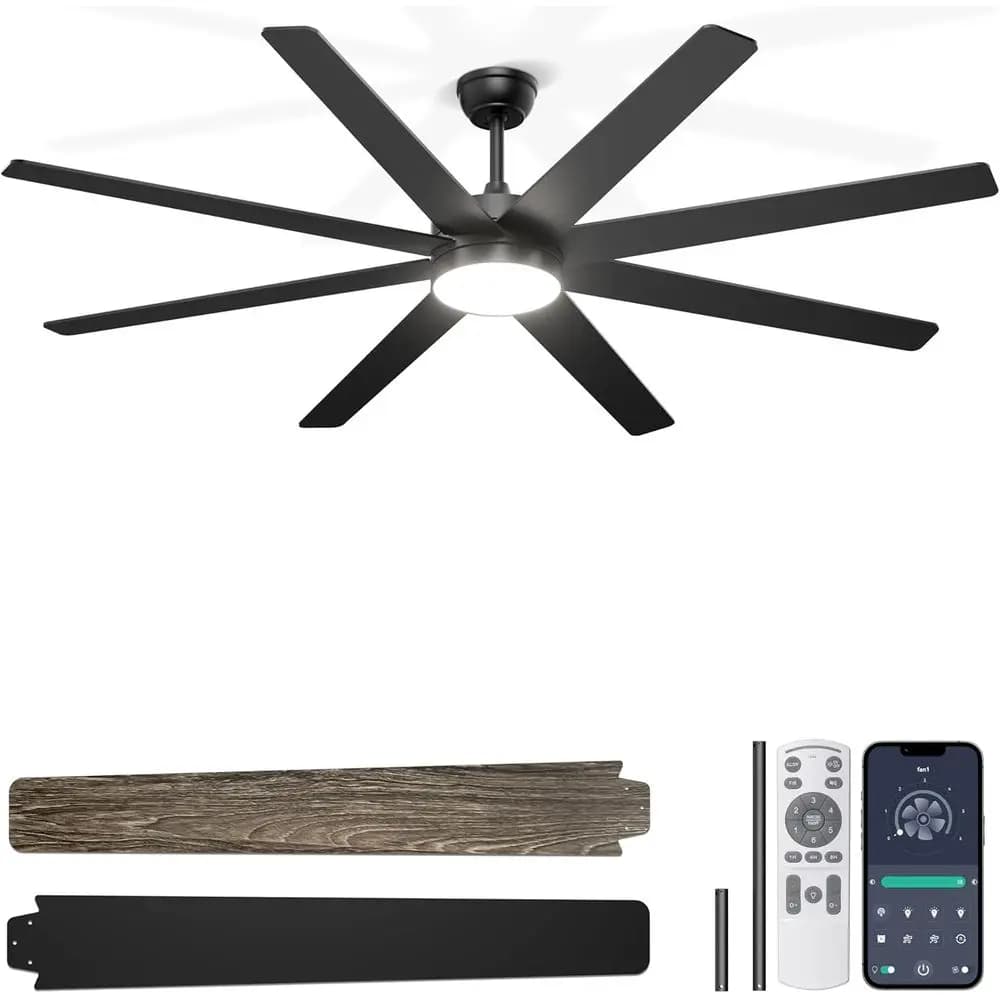 Ventilatore da Soffitto Grande da 72'' con Luci, Nero, Controllo Remoto/App, Dimmerabile, Motore DC Silenzioso, per Interni