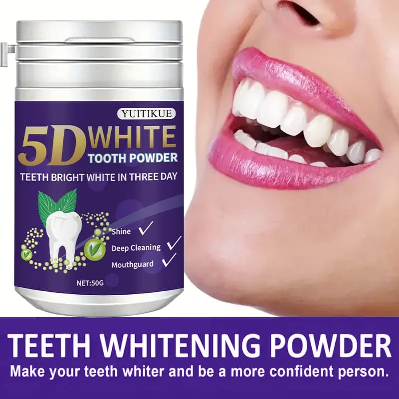 White teeth powder 5D 50 g - Bright white teeth in 3 days, triple action for gloss, deep cleaning and mouthguards