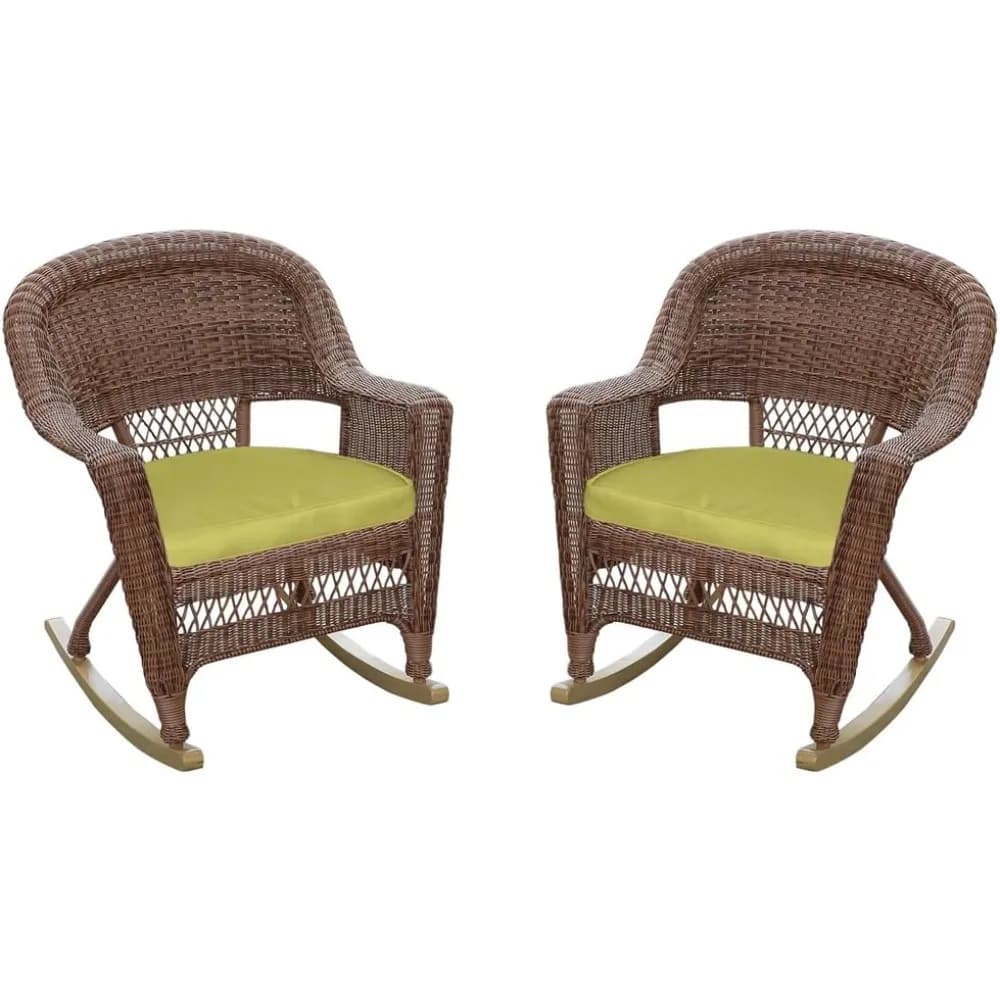 Thong chair in wicker with green cushion, set of 2, honey