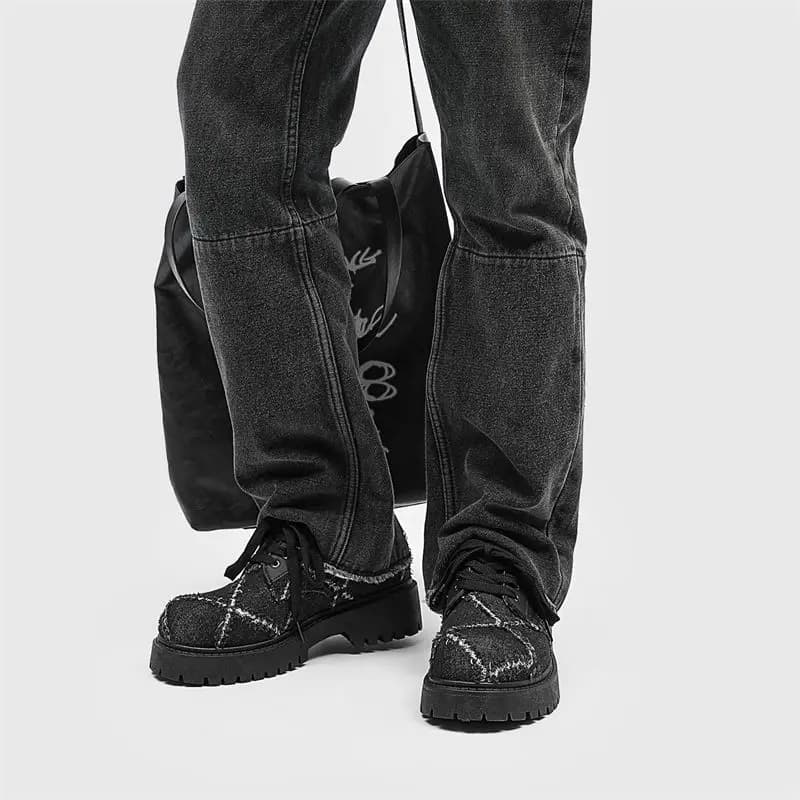 Men's Autumn Stylish Thick Sole Lace-up Denim Derby Shoes Casual Fashion Leather Single Shoes