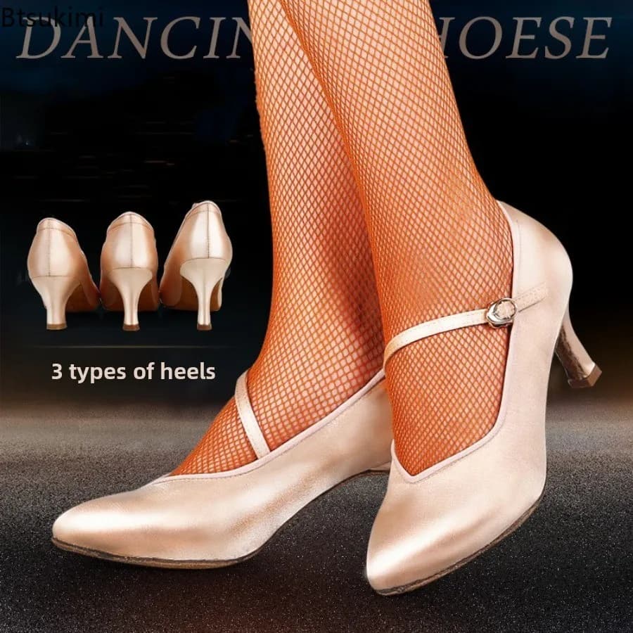 2026 Women Standard Dance Shoes Satin Low High Heels Women Ballroom Dance Shoes Soft Outsole Closed Toe Latin Salsa Dance Shoes