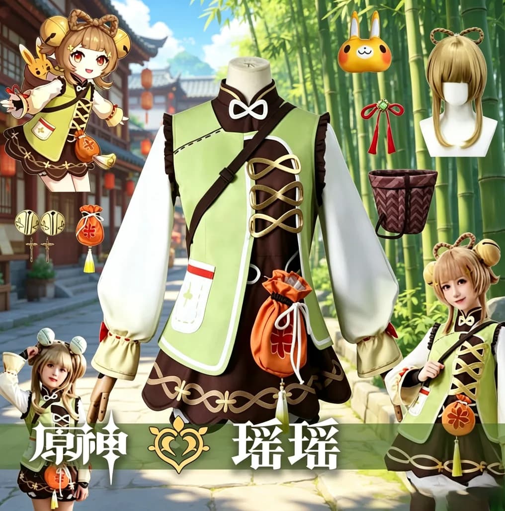 Yaoyao Cos Outfit Genshin Impact Full Set with Backpack Basket Wig Women Anime Costume