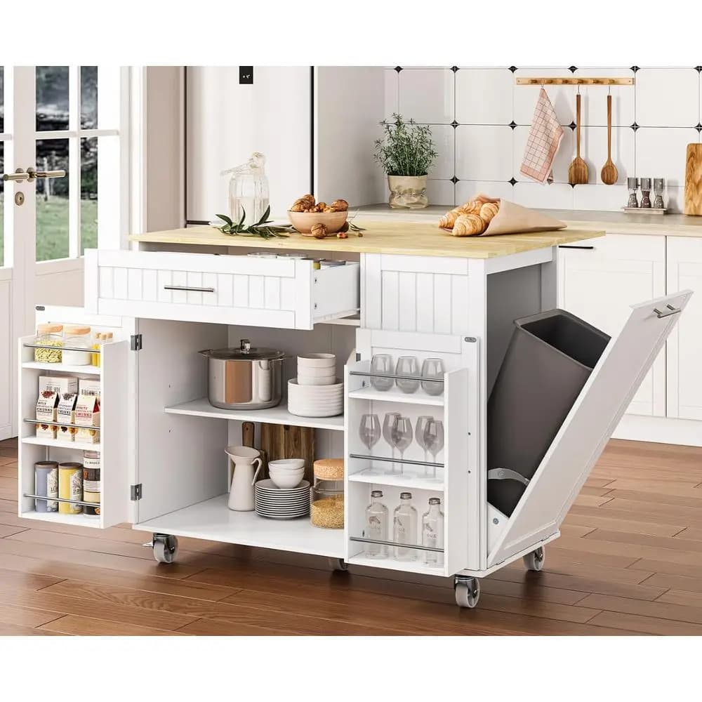Carrello da Cucina Mobile 43.3 con Isola e Spazio di Stoccaggio, Piano Superiore Allargabile, Cestino per Rifiuti e Porta Asciugamani, Bianco