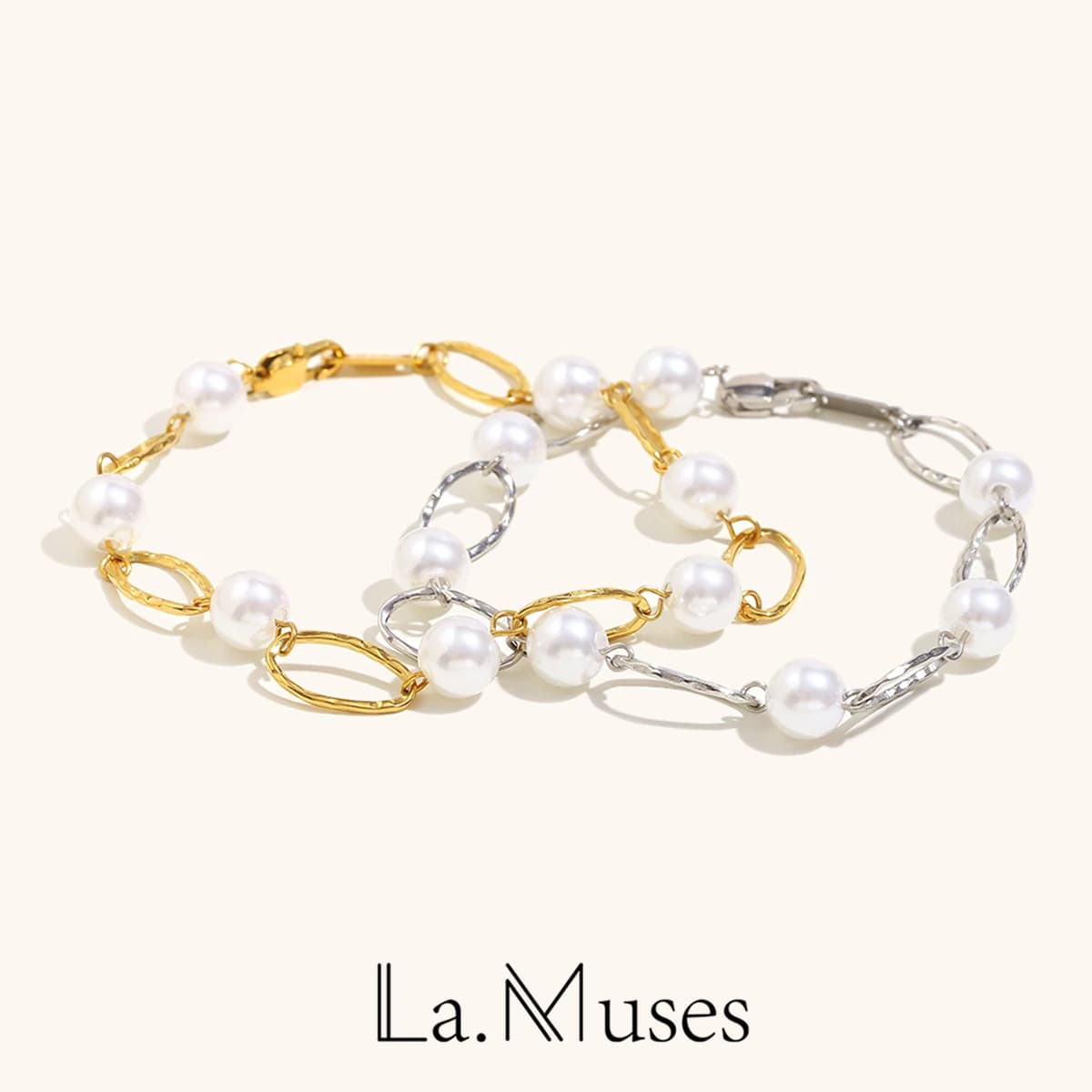 La. Muses Bracciale da donna con fibbia ovale con perla imitazione Bracciale da donna in acciaio inossidabile placcato PVD Accessori per gioielli quotidiani alla moda