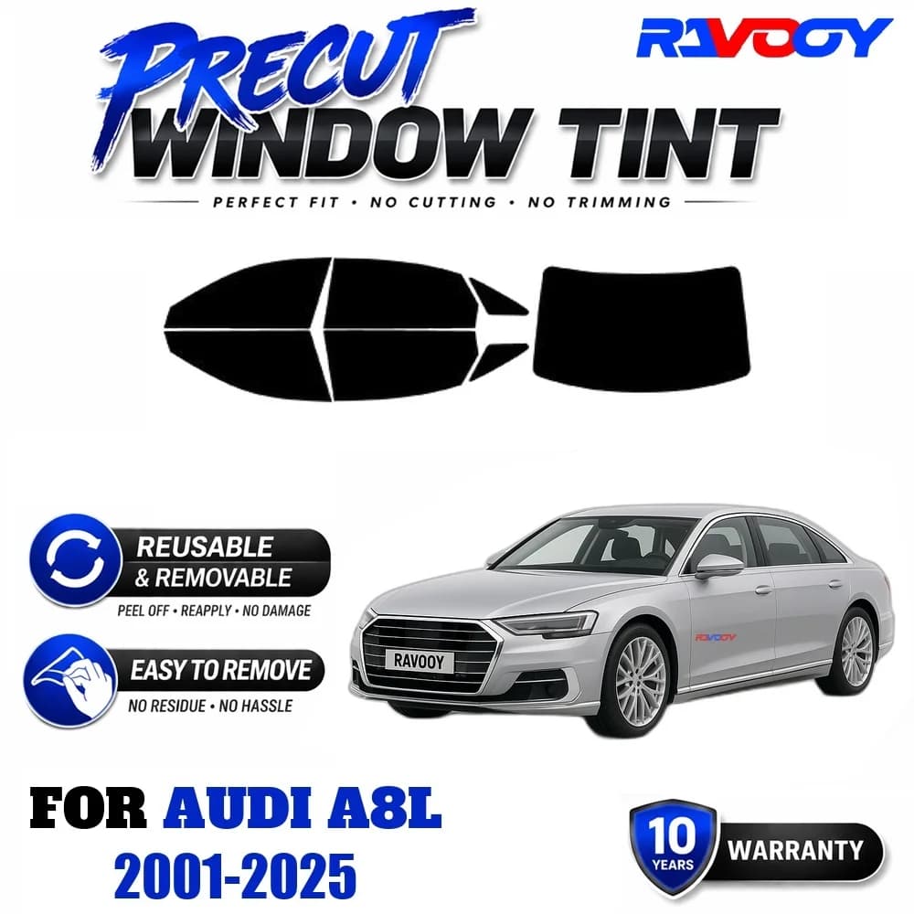 RAVOOY Precut Window Tint, Reusable Removable EPU Film, Custom Fit for Audi A8L 2001-2025, UV Heat Protection