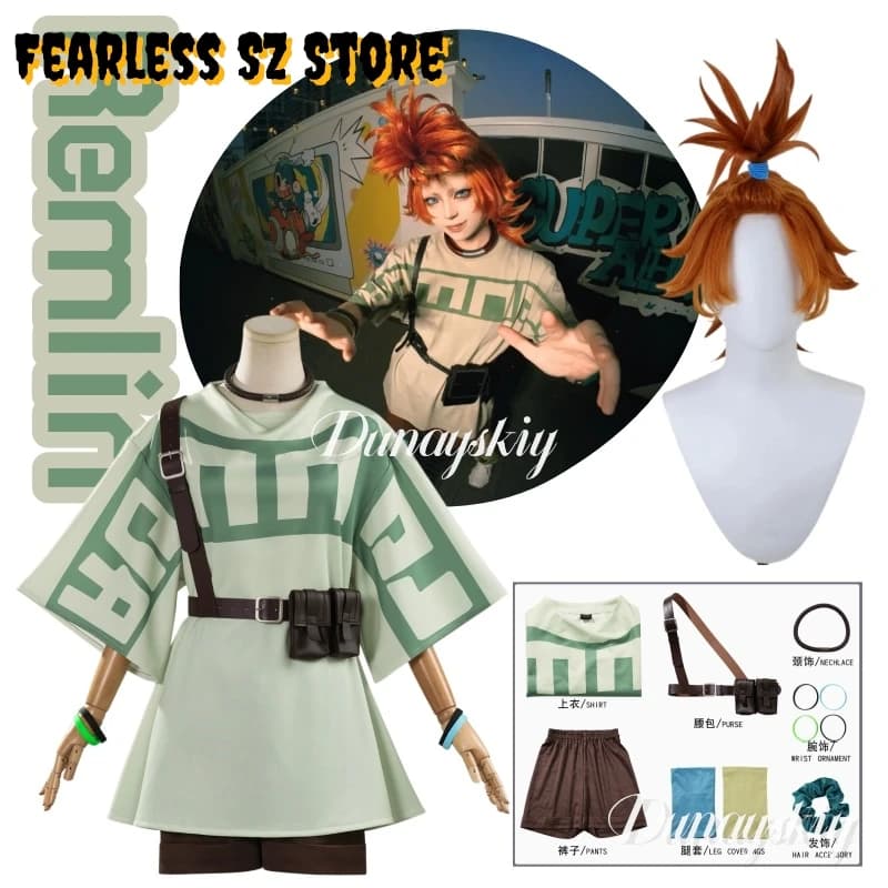 Costume Cosplay Anime Gachiakuta Remlin, Top e Pantaloncini per Ragazze, Borsa, Uniforme, Set Parrucca Remlin, Outfit per Feste di Halloween per Donne e Uomini
