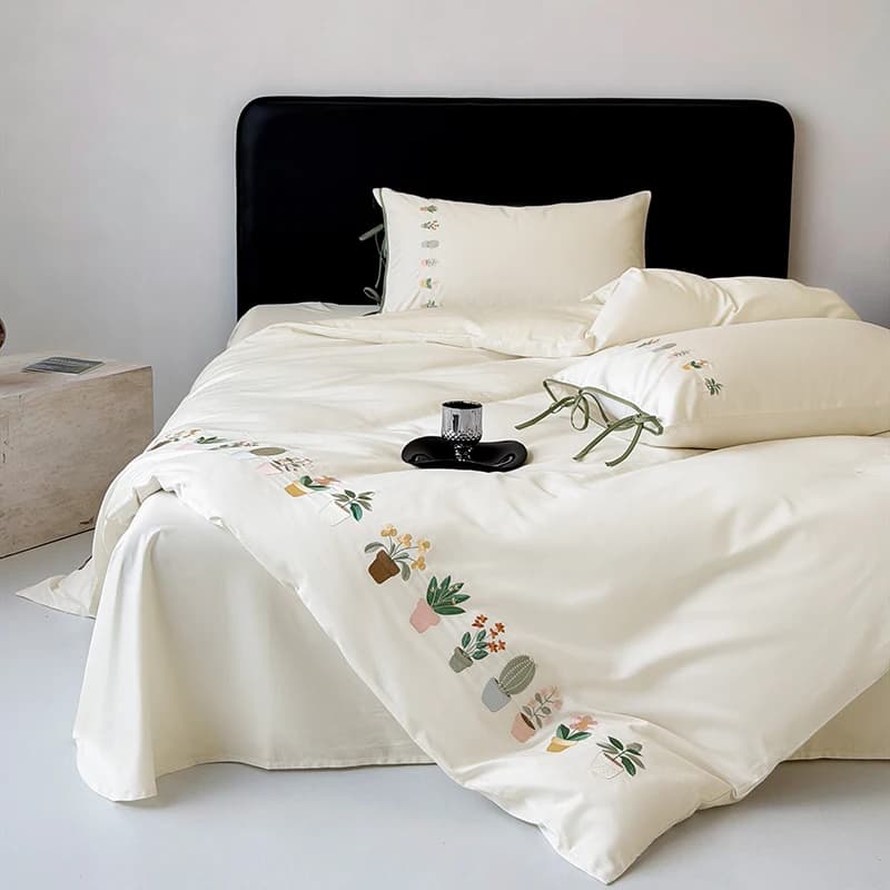 Set di Biancheria da Letto di Lusso con Ricami Floreali Cartoon, 600TC in Cotone a Fibra Lunga, Set Copripiumino, Lenzuolo Piatto/Con Angoli e Federe