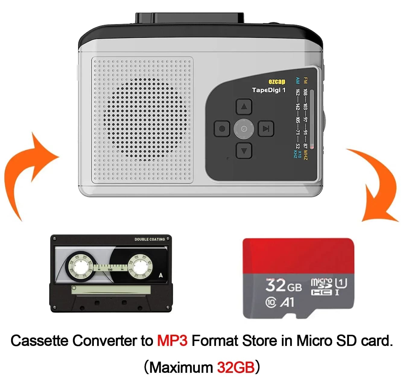 Ezcap234 Tape Cassette Player AM/FM Radio Recorder Cassette To MP3 Converter To TF Card Audio Capture Card Music Walkman Player